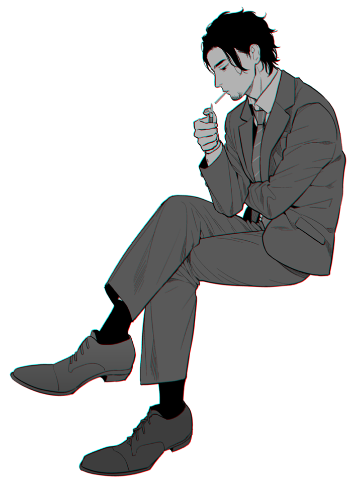 1boy 72_(sankasha) crossed_legs facial_hair full_body greyscale holding holding_lighter invisible_chair lighter long_sleeves male_focus monochrome mouth_hold necktie original profile salaryman shoes simple_background sitting smoking socks solo stubble suit white_background