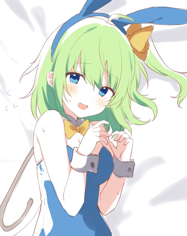 1girl animal_ears bed_sheet blue_eyes blue_leotard blush daiyousei detached_collar fairy fairy_wings fake_animal_ears fujishiro_emyu green_hair leotard long_hair looking_at_viewer one_side_up open_mouth rabbit_ears solo strapless strapless_leotard touhou upper_body wings wrist_cuffs