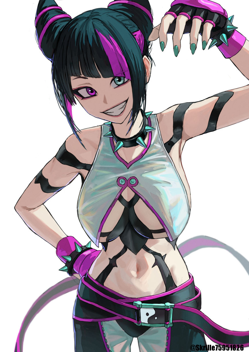 1girl asymmetrical_bangs baggy_pants belt black_hair bracelet breasts chinese_clothes collar drill_hair dudou fingerless_gloves gloves hair_horns halterneck han_juri heterochromia highres jewelry large_breasts looking_at_viewer multicolored_hair nail_polish navel open_clothes pants pink_hair purple_z simple_background smile spiked_bracelet spiked_collar spikes street_fighter street_fighter_6 twin_drills underboob white_background yin_yang