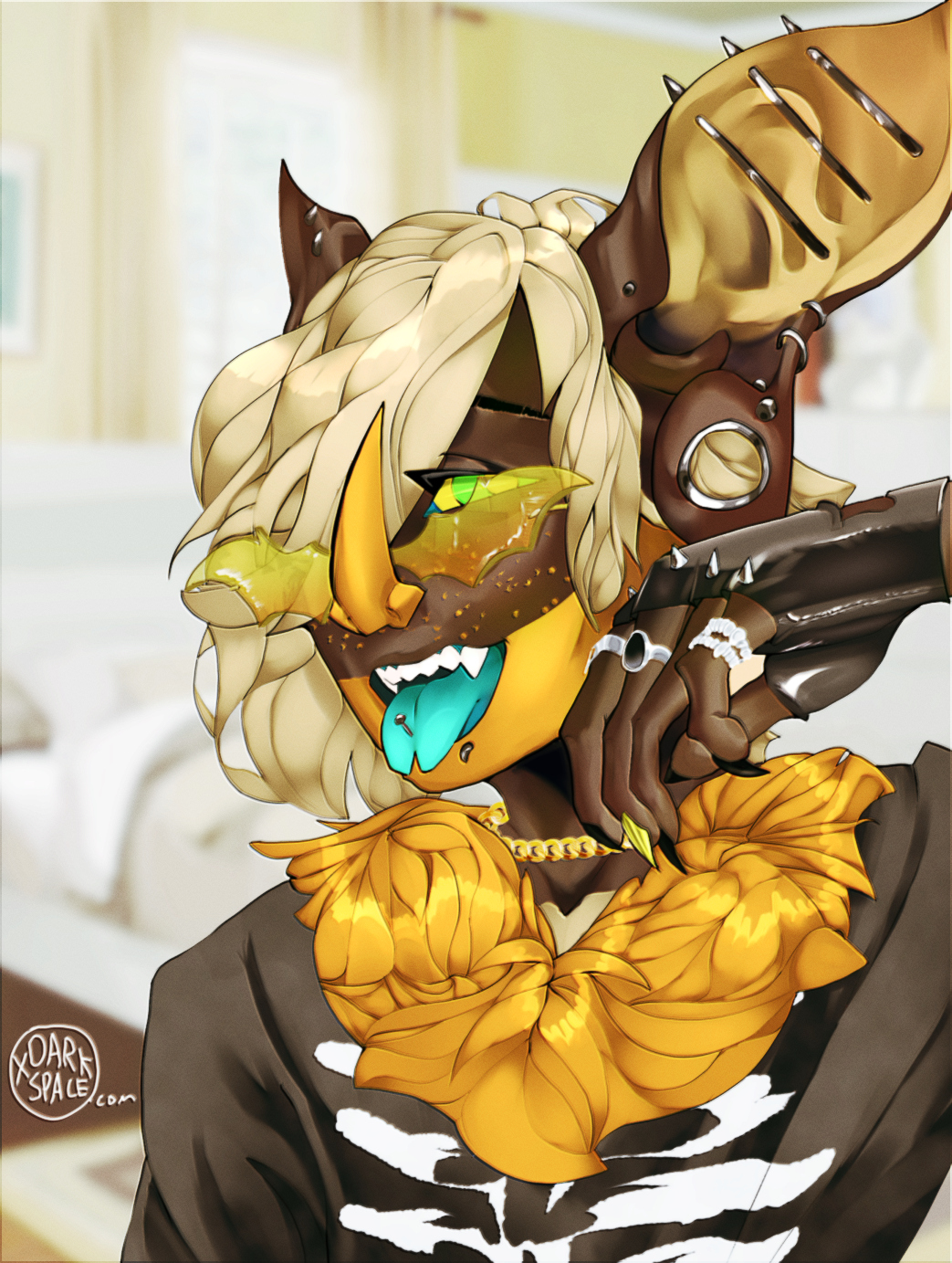 anthro bat blonde_hair blue_tongue chain claws clothing digital_media_(artwork) ear_piercing ear_ring eyewear facial_piercing fangs freckles fur girly gloves hair handwear hi_res jewelry latex latex_gloves long_hair looking_at_viewer male mammal neck_tuft necklace open_mouth piercing ring_piercing smile solo stoven_(xdarkspace) sunglasses teeth tongue tongue_out tongue_piercing tuft xdarkspace yellow_body yellow_fur