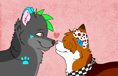 &lt;3 2012 aliasing ambiguous_gender blue_body blue_fur blue_inner_ear bluekyokitty brown_body brown_eyes brown_fur canid canine canis checkered_kerchief checkered_neckerchief digital_drawing_(artwork) digital_media_(artwork) domestic_dog duo eye_contact feral flat_colors footprint fur green_body green_fur grey_body grey_fur grey_nose hair hair_over_eye head_tuft herding_dog husky looking_at_another low_res mammal markings mixed_breed narrowed_eyes neckerchief nordic_sled_dog one_ear_up one_eye_obstructed pastoral_dog pattern_kerchief pattern_neckerchief pawprint pawprint_(marking) pawprint_marking pink_background pink_inner_ear pink_nose romantic romantic_couple sebdoggo simple_background smile spitz spotted_ears tuft welsh_corgi white_body white_fur wolf