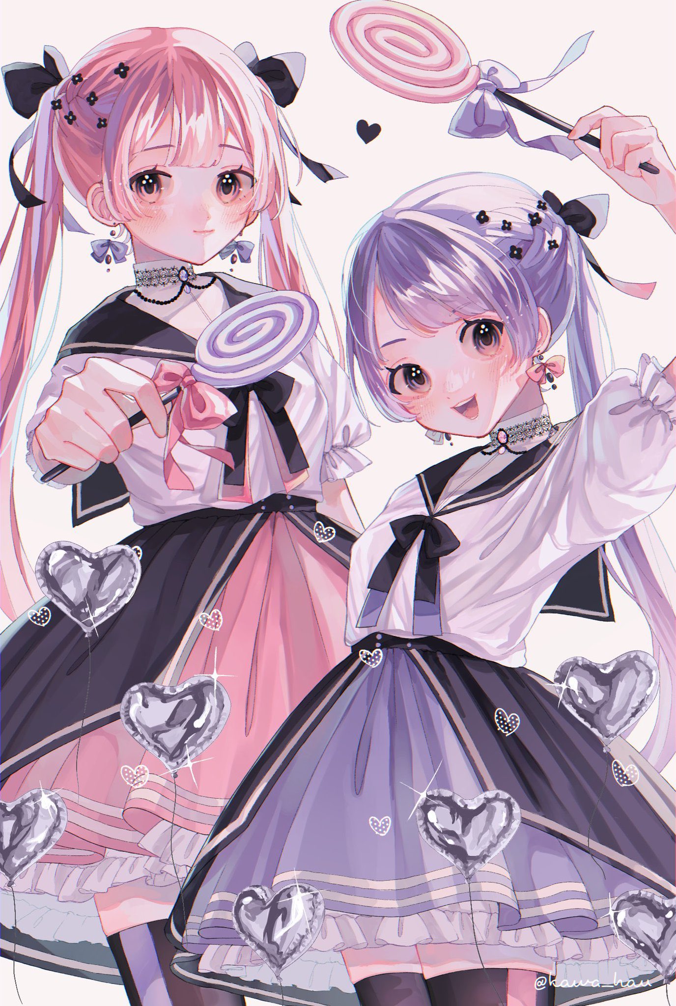 2girls arm_up balloon black_ribbon black_sailor_collar breasts candy closed_mouth cowboy_shot dress flower food frills hair_flower hair_ornament hair_ribbon heart heart_balloon high_collar highres holding holding_candy holding_food holding_lollipop lollipop long_hair looking_at_viewer matching_outfits multiple_girls nagomi_(_nagomi_) neck_ribbon open_mouth original petticoat pink_dress pink_eyes pink_hair purple_dress ribbon sailor_collar short_sleeves simple_background small_breasts smile standing swirl_lollipop thighhighs twintails very_long_hair