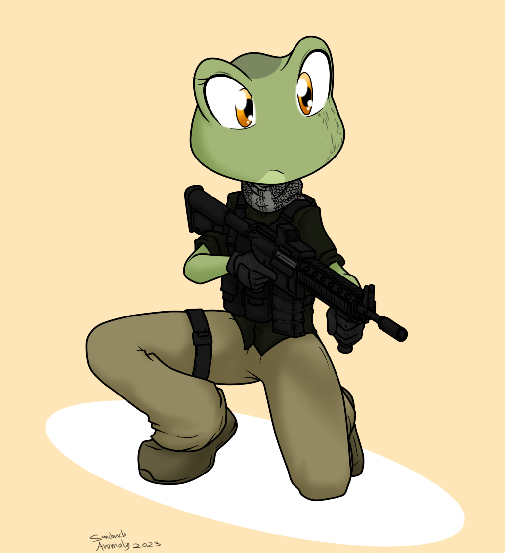 2023 amber_eyes amelia_(sandwich-anomaly) amphibian anthro black_clothing black_gloves black_handwear bottomwear brown_bottomwear brown_clothing brown_footwear brown_pants brown_shoes bulletproof_vest clothed clothing crouching eye_scar facial_scar female footwear frog gloves green_body green_skin gun handwear holding_gun holding_object holding_rifle holding_weapon military pants ranged_weapon rifle sandwich-anomaly scar scarf shoes simple_background solo tan_background weapon