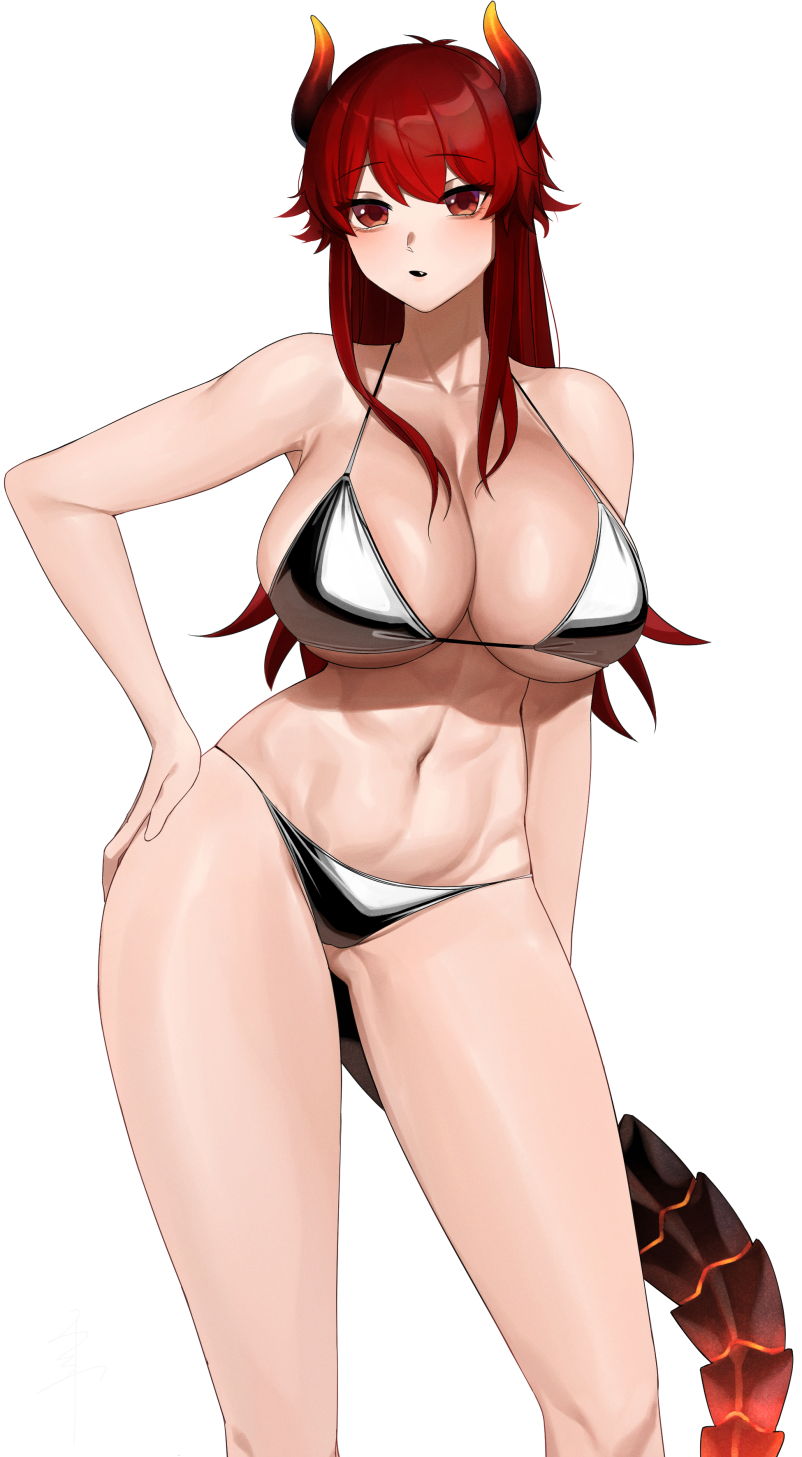 1girl bare_shoulders bikini breasts cleavage dola_(nijisanji) fang hand_on_own_hip highres horns large_breasts long_hair looking_at_viewer navel nijisanji open_mouth red_eyes red_hair senju_(snz0) silver_bikini simple_background solo swimsuit tail virtual_youtuber white_background