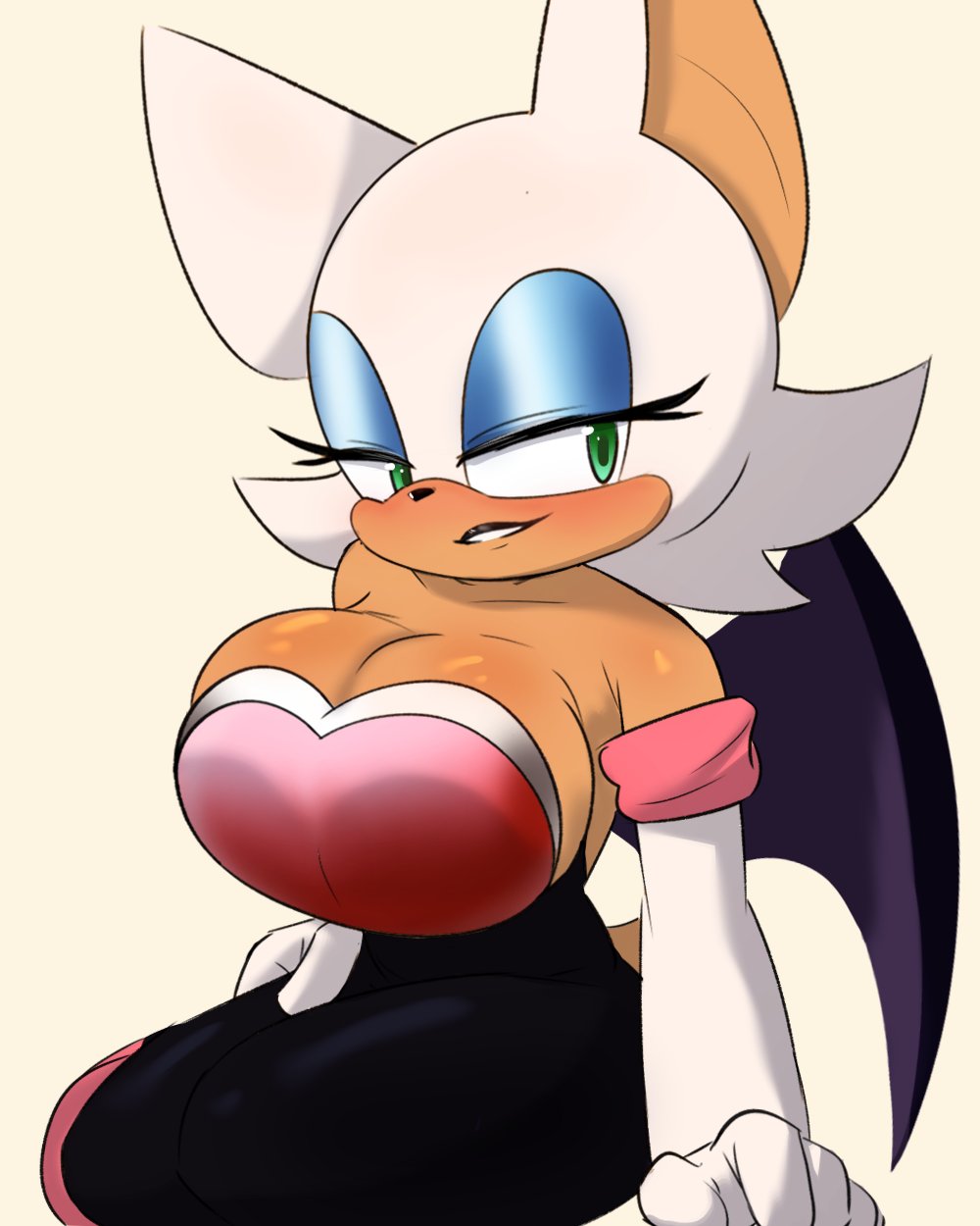 4:5 anthro armor armwear bat big_breasts black_lipstick blush breast_squish breastplate breasts cleavage clothed clothing elbow_gloves exposed_shoulders eyeshadow female fur gloves green_body handwear hi_res lawgx lipstick makeup mammal rouge_the_bat sega sitting solo sonic_the_hedgehog_(series) squish white_body white_fur
