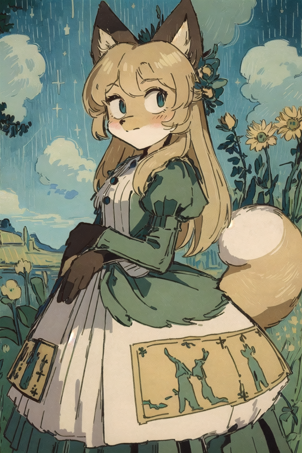 anthro averi_(fiddleafox) brown_body brown_fur canid canine clothing cloud detailed_background dipstick_tail dress female female_anthro flower fox fur gloves_(marking) green_eyes hair hi_res leg_markings mammal markings plant sky socks_(marking) solo sunflower tagme tail tail_markings unknown_artist white_body white_fur