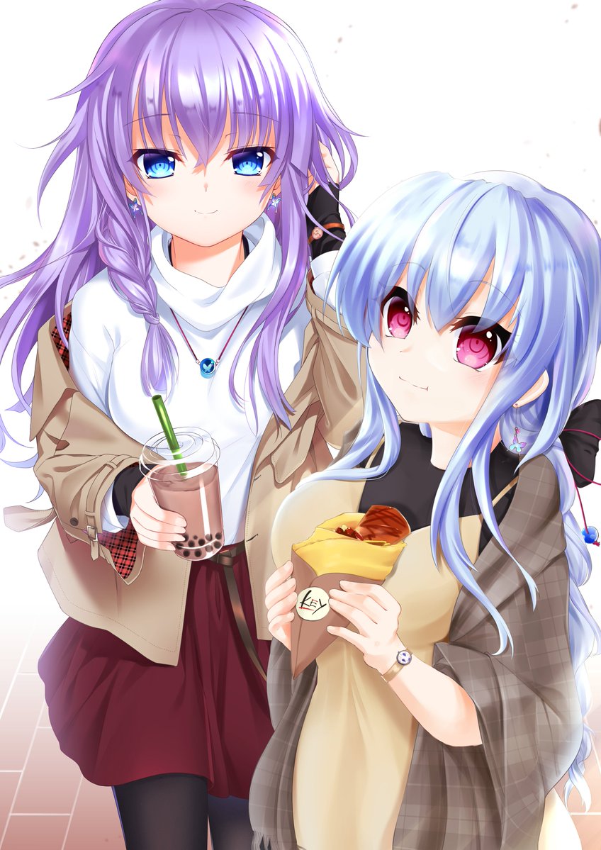 2girls :i adjusting_hair alternate_costume alternate_hairstyle animal_print black_bow black_pantyhose blue_eyes blue_hair bow braid braided_ponytail brown_coat brown_dress bubble_tea butterfly_earrings butterfly_print casual closed_mouth coat collaboration commentary_request company_name cowboy_shot crepe crossed_bangs cup dress drinking_straw earrings eating eyelashes eyes_visible_through_hair food hair_between_eyes hair_bow hair_over_breasts hand_up holding holding_cup holding_food jewelry light_blush long_hair long_sleeves looking_at_viewer multiple_girls necklace off_shoulder open_clothes open_coat otou_(otou_san) outdoors pantyhose purple_hair red_eyes siblings sidelocks simple_background single_braid sisters sleeveless sleeveless_dress smile sorakado_ai sorakado_ao standing straight-on summer_pockets sweater t_kutkut twins very_long_hair watch white_background white_sweater wristwatch