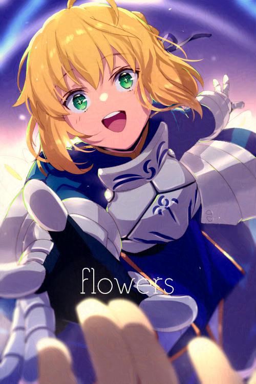 1girl ahoge armor armored_dress artoria_pendragon_(fate) blonde_hair blue_dress blue_ribbon blush breastplate commentary_request dress echo_(circa) english_text fate/grand_order fate/stay_night fate_(series) gauntlets green_eyes hair_ribbon juliet_sleeves long_sleeves looking_at_viewer open_mouth plackart puffy_sleeves reaching reaching_towards_viewer ribbon saber short_hair smile teeth upper_teeth_only