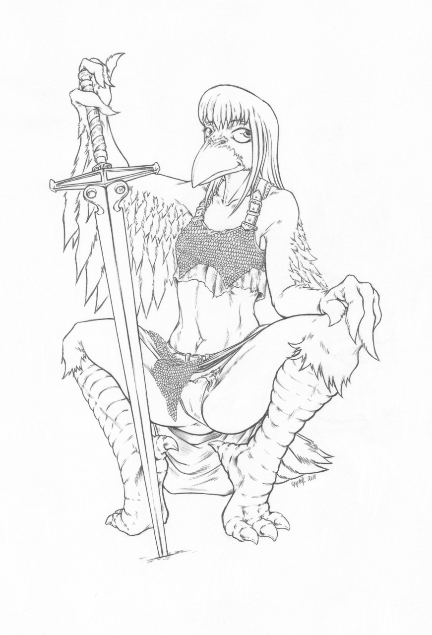 2011 anthro armor avian avian_feet beak biped bird black_and_white breasts chainmail claws clothed clothing clothing_lift corvid corvus_(genus) coyotek crop_top crouching eyebrows feather_hands feathered_wings feathers female front_view hair hi_res line_art loincloth_lift long_hair looking_aside melee_weapon midriff monochrome navel oscine panties passerine raven shirt simple_background small_breasts solo sword toe_claws topwear unconvincing_armor underwear weapon white_background winged_arms wings