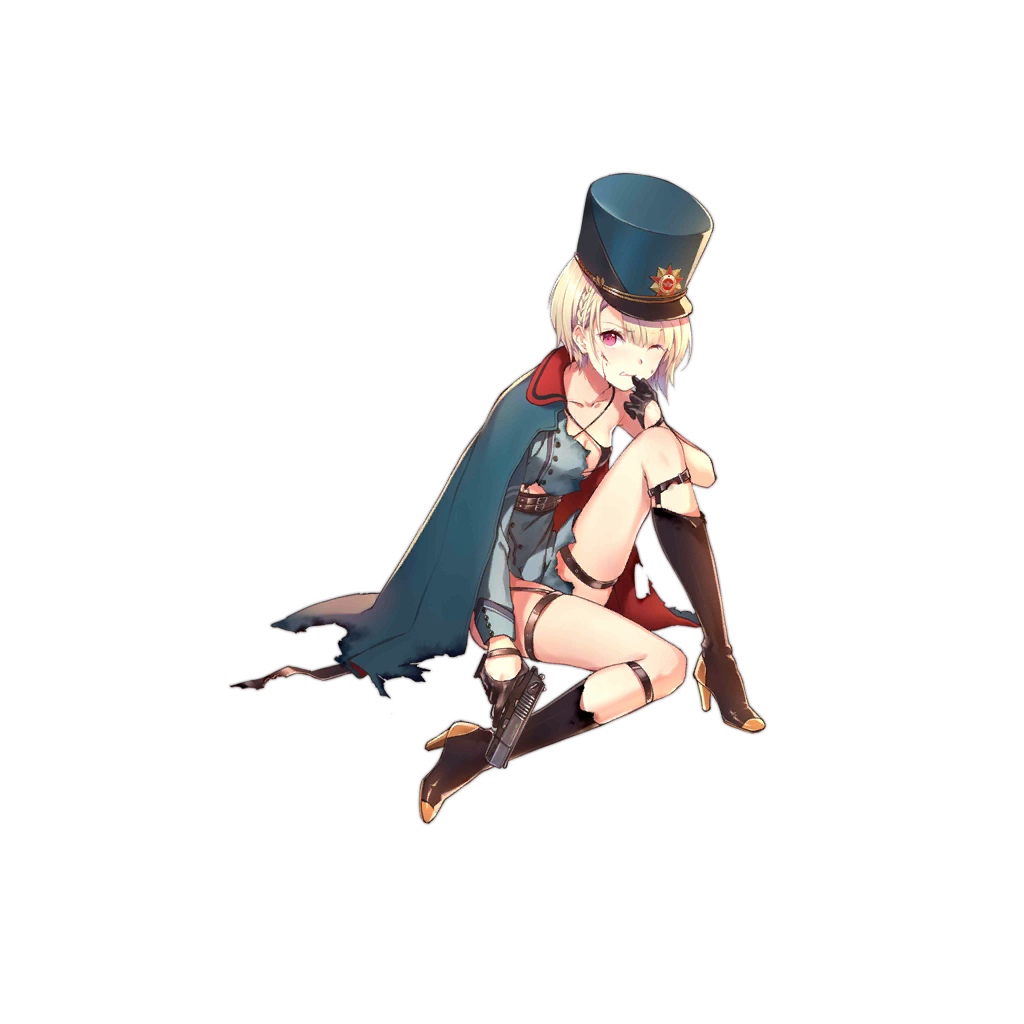 1girl black_footwear blonde_hair blood blood_on_face blue_dress boots braid breasts clothing_request coat collarbone cuts dress full_body girls'_frontline gloves gun half_gloves handgun hat high_heel_boots high_heels holding holding_gun holding_weapon injury kamon_(shinshin) kepi knee_boots light_frown looking_at_viewer medium_breasts military military_hat military_uniform mp-448_(girls'_frontline) mp448 official_art one_eye_closed open_clothes open_coat parted_lips red_eyes short_hair simple_background sitting sleeveless_coat solo torn_boots torn_clothes torn_coat torn_dress transparent_background uniform weapon