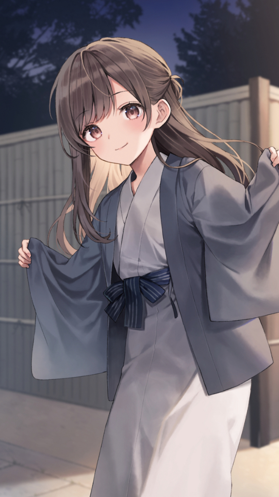 1girl bamboo_fence black_bow blush bow brown_eyes brown_hair closed_mouth commentary_request fence grey_kimono japanese_clothes kimono long_hair long_sleeves looking_at_viewer midorikawa_you night night_sky obi open_clothes original outdoors pinching_sleeves sash sky sleeves_past_wrists smile solo striped striped_bow swept_bangs wide_sleeves