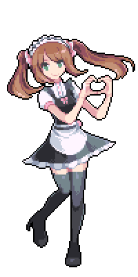 1girl apron black_dress bow brown_hair dress green_eyes heart heart_hands high_heels idolmaster idolmaster_side-m looking_at_viewer lowres maid maid_apron maid_headdress mizushima_saki naname_(fossama1) pink_bow pixel_art shirt simple_background smile solo standing standing_on_one_leg thighhighs transparent_background twintails white_shirt zettai_ryouiki