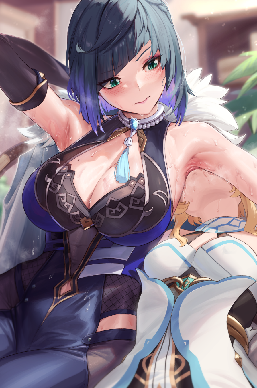 2girls arm_behind_head arm_up armpits asymmetrical_gloves bare_shoulders black_gloves black_hair black_pants blonde_hair blue_dress blue_hair blush bob_cut bracelet breasts cleavage cleavage_cutout closed_mouth clothing_cutout diagonal_bangs dice dress earrings elbow_gloves fingerless_gloves fur-trimmed_jacket fur_trim genshin_impact gloves green_eyes highres jacket jacket_on_shoulders jewelry large_breasts licking licking_armpit looking_to_the_side lumine_(genshin_impact) medium_hair mismatched_gloves mole mole_on_breast multicolored_hair multiple_girls neck_ring padoruu pants pelvic_curtain scarf short_hair sidelocks sweat tassel thighs tight_clothes tight_pants tongue tongue_out two-tone_hair white_dress white_gloves white_jacket white_scarf yelan_(genshin_impact) yuri