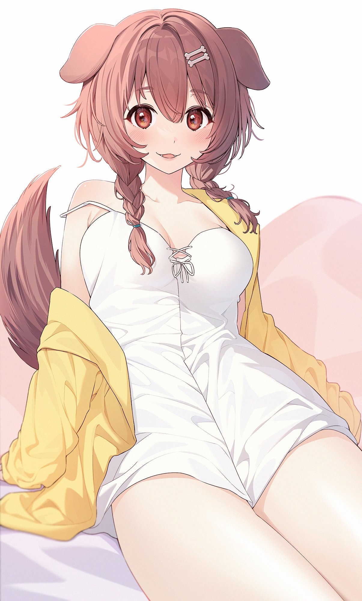 14_(vision5032) 1girl adapted_costume animal_ears blush bone_hair_ornament braid breasts brown_hair camisole cleavage commentary cowboy_shot dog_ears dog_girl dog_tail fangs hair_between_eyes hair_ornament highres hololive inugami_korone jacket large_breasts leaning_back looking_at_viewer medium_hair open_clothes open_jacket open_mouth red_eyes simple_background sitting smile solo strap_slip tail thighs twin_braids twintails virtual_youtuber white_background white_camisole yellow_jacket