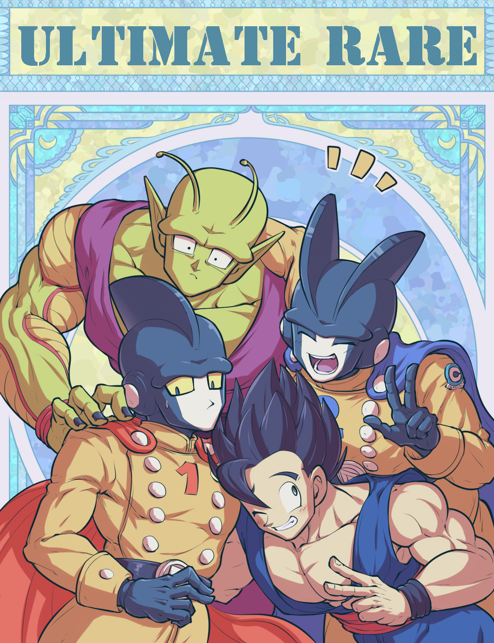 4boys :d ^_^ antennae arm_around_shoulder belt biceps black_belt black_hair black_nails black_wristband blue_cape blush buttons cape closed_eyes closed_mouth collarbone colored_sclera colored_skin commentary_request double-breasted dougi dragon_ball dragon_ball_super dragon_ball_super_super_hero fang fingernails gamma_1 gamma_2 green_skin grey_skin grin hand_on_another's_shoulder hand_up highres jacket koukyouji long_sleeves looking_at_viewer male_focus multiple_boys muscular muscular_male namekian notice_lines one_eye_closed open_mouth pants pectorals piccolo pointy_ears red_cape red_sash round_teeth sash sleeve_cuffs smile son_gohan spiked_hair teeth tongue w wide-eyed wristband yellow_jacket yellow_pants yellow_sclera