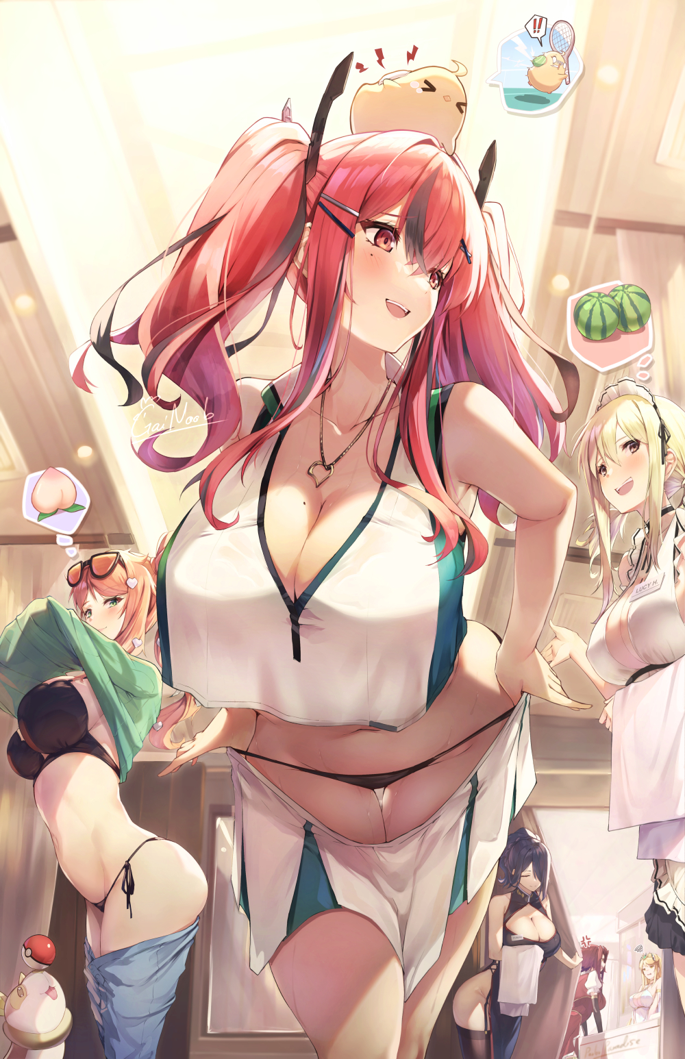 6+girls :d anger_vein apron azur_lane black_bra black_panties blonde_hair bra breasts bremerton_(azur_lane) bremerton_(scorching-hot_training)_(azur_lane) character_request china_dress chinese_clothes code_geass copyright_request crossover curtains dress eyewear_on_head fairy_tail gainoob green_eyes hair_ornament heart heart_hair_ornament heart_necklace highres holding holding_towel indoors jewelry kallen_stadtfeld large_breasts looking_at_another lucy_heartfilia maid_apron making-of_available manjuu_(azur_lane) mole mole_on_breast multiple_girls mythra_(xenoblade) name_tag necklace on_head orange_hair panties pelvic_curtain poke_ball poke_ball_(basic) pokemon pokemon_(game) pokemon_swsh red_eyes red_hair side_ponytail sidelocks smile sonia_(pokemon) spoken_anger_vein spoken_food spoken_squiggle squiggle sunglasses thigh_gap thought_bubble towel twintails underwear undressing xenoblade_chronicles_(series) xenoblade_chronicles_2 yamper