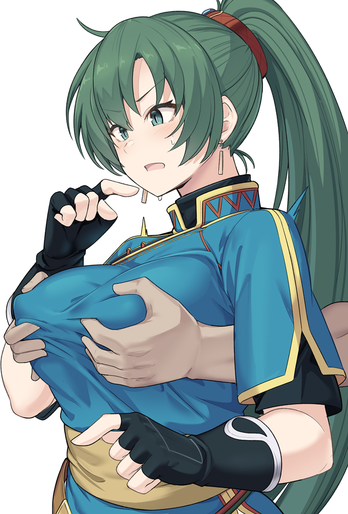 1boy 1girl black_gloves breasts character_request earrings fingerless_gloves fire_emblem gloves grabbing grabbing_another's_breast grabbing_from_behind green_eyes green_hair grey_hair jewelry large_breasts long_hair ponytail shiseki_hirame white_background