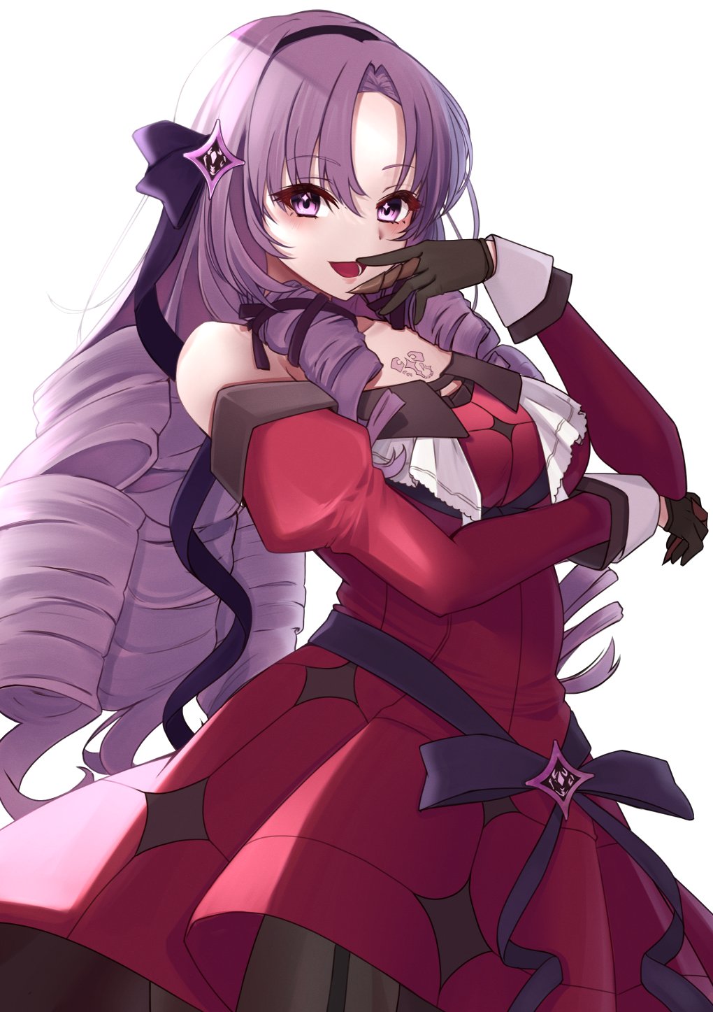 1girl bare_shoulders black_gloves breasts chest_tattoo claw_ring detached_sleeves dress drill_hair gloves hair_ribbon hairband highres hyakumantenbara_salome large_breasts light_purple_hair long_hair long_sleeves looking_at_viewer nijisanji off-shoulder_dress off_shoulder ojou-sama_pose open_mouth parted_bangs purple_eyes purple_hairband purple_ribbon red_dress red_sleeves ribbon scorpion_tattoo smile tattoo usk_(yu_sk_usk39) virtual_youtuber