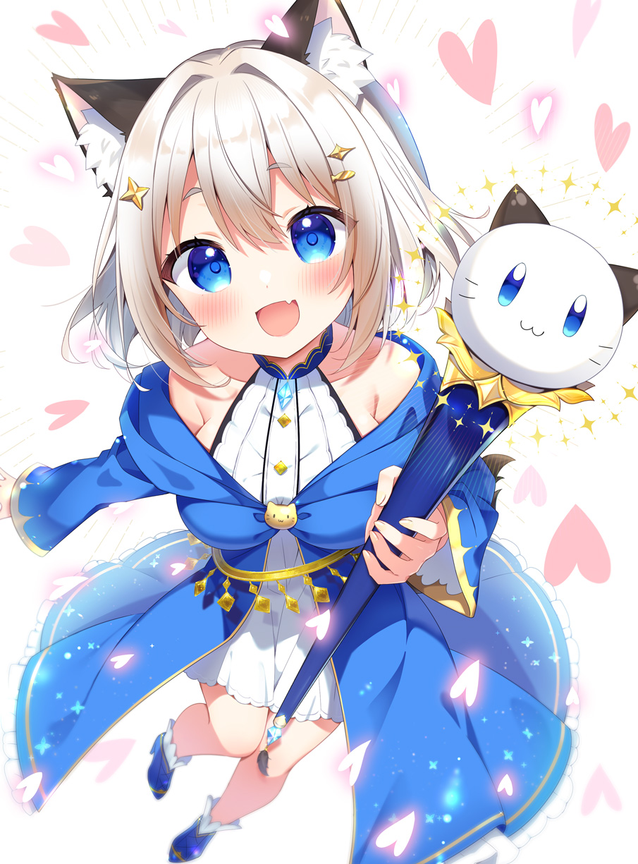 1girl :d animal_ear_fluff animal_ears aoi_yun bare_shoulders blue_footwear blue_robe blush cat_ears commentary_request commission dress fang fish_hair_ornament foreshortening grey_hair hair_ornament heart high_heels highres holding holding_wand hood hood_down hooded_robe long_sleeves looking_at_viewer open_clothes open_robe original robe shoes short_eyebrows simple_background skeb_commission sleeveless sleeveless_dress smile solo sparkle thick_eyebrows wand white_background white_dress wide_sleeves