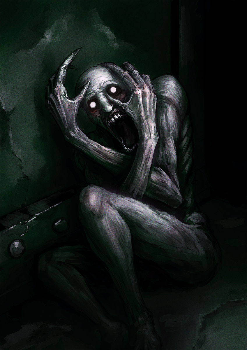2016 53:75 5_fingers ambiguous_gender bald claws colored crossed_arms curled_up dekades8 detailed_background digital_media_(artwork) digital_painting_(artwork) emaciated empty_eyes finger_claws fingers hairless hi_res humanoid long_arms looking_at_viewer metal monster monstrous_humanoid not_furry on_ground open_mouth rivets scp-096 scp_foundation sharp_claws solo teeth white_body white_eyes white_skin