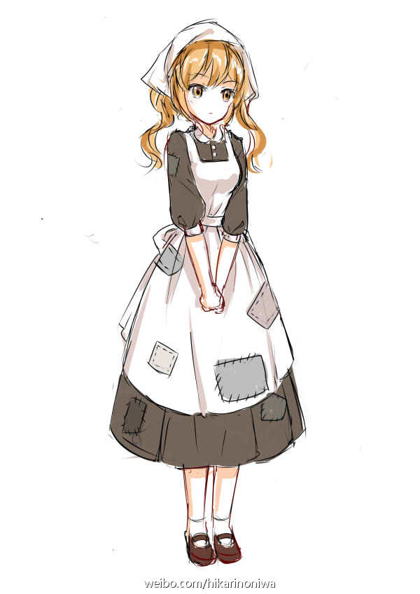 1girl alternate_costume apron blonde_hair breasts brown_dress brown_footwear closed_mouth commentary_request dress enmaided full_body girls'_frontline korean_commentary long_dress long_hair maid maid_apron mary_janes medium_breasts own_hands_together patch shoes short_sleeves short_socks simple_background socks solo standing sten_mkii_(girls'_frontline) third-party_source twintails victorian_maid web_address weibo_username white_apron white_background white_socks yellow_eyes zhenming
