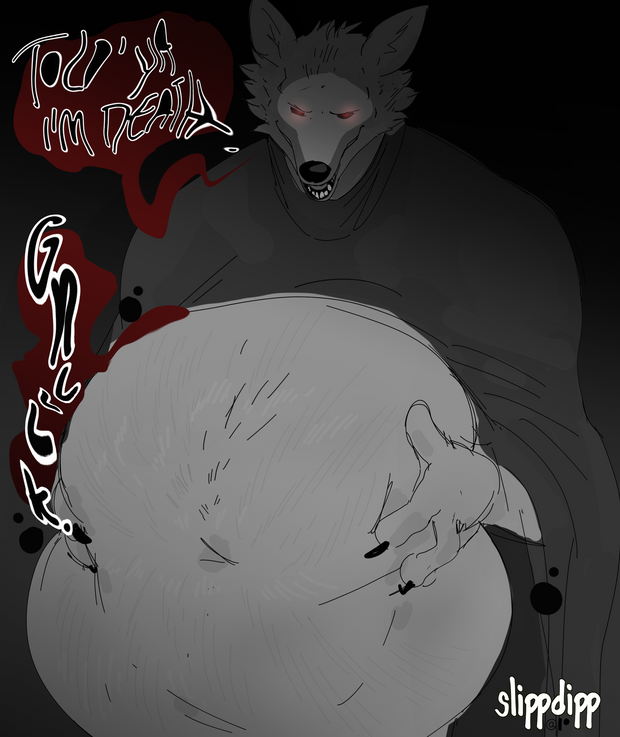 after_vore anthro belly belly_grab big_belly black_background black_nose canid canine canis death_(puss_in_boots) dialogue english_text fur glowing glowing_eyes grey_body grey_fur hand_on_stomach hands_on_belly holding_stomach male mammal navel onomatopoeia open_mouth overweight overweight_anthro overweight_male portrait red_eyes rumbling_stomach signature simple_background slippdipp sloshing_belly solo sound_effects speech_bubble standing teeth text three-quarter_portrait vore vowelless vowelless_sound_effect wolf