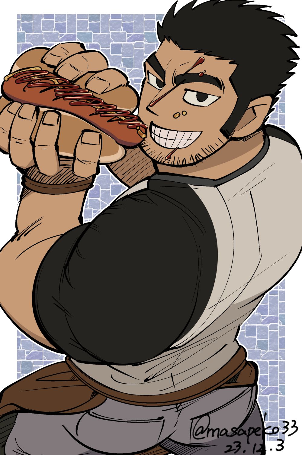 1boy apron ass bara barista beard_stubble black_hair eating food food_on_face foreshortening from_above grin highres holding holding_food huge_eyebrows ketchup long_sideburns looking_at_viewer lucas_lee male_focus masapeko messy muscular muscular_male official_alternate_costume pants raised_eyebrows sausage scott_pilgrim_takes_off shirt short_hair short_sleeves sideburns smile solo t-shirt tight_clothes tight_shirt waist_apron