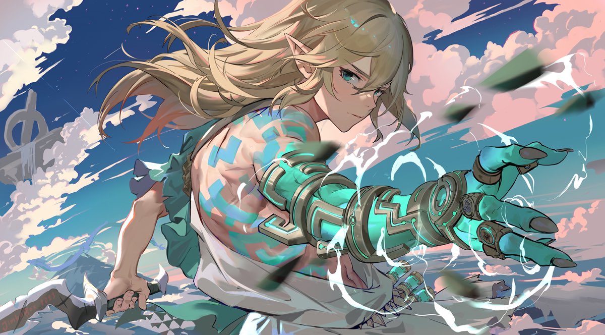 1boy asymmetrical_sleeves black_nails blonde_hair blue_eyes blue_sky cloud cloudy_sky commentary day floating_hair floating_island hair_between_eyes holding holding_weapon jimbobox link long_hair looking_at_viewer looking_to_the_side male_focus mountain outdoors outstretched_arm parted_lips pointy_ears shoulder_tattoo sidelocks single_bare_shoulder sky solo tattoo the_legend_of_zelda the_legend_of_zelda:_tears_of_the_kingdom upper_body weapon white_tunic