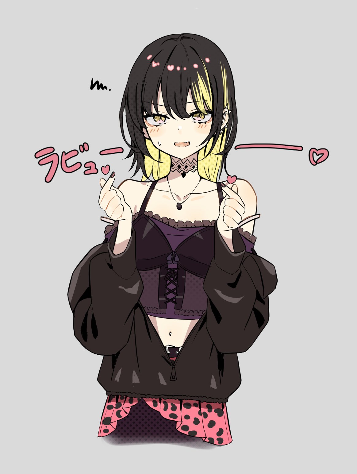 1girl black_hair black_jacket blonde_hair blush collarbone crop_top cropped_legs ear_piercing finger_heart fingernails highres idolmaster idolmaster_shiny_colors ikaruga_luca jacket jacket_partially_removed looking_at_viewer midriff multicolored_hair nail_polish navel piercing reinama solo streaked_hair sweatdrop