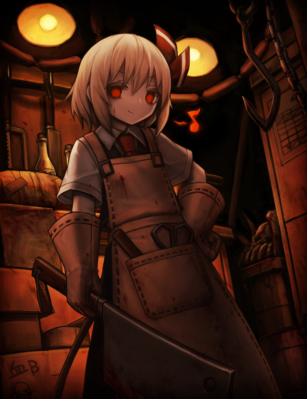 1girl apron ascot black_vest blonde_hair brown_apron brown_gloves closed_mouth collared_shirt eighth_note gloves hair_between_eyes hair_ribbon highres holding musical_note red_ascot red_eyes red_ribbon ribbon rumia shirt short_hair short_sleeves solo spark621 touhou vest white_shirt