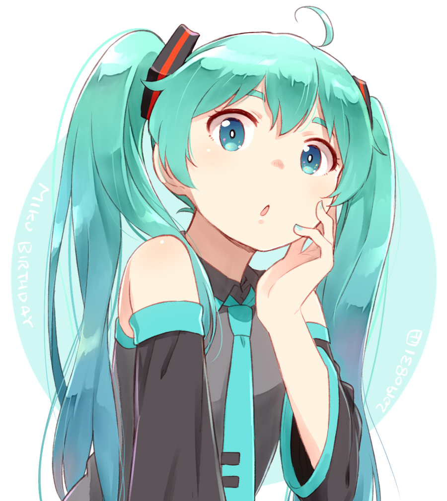1girl :o ahoge bare_shoulders blue_eyes blue_hair blue_nails commentary detached_sleeves hatsune_miku long_hair looking_at_viewer nagian nail_polish necktie open_mouth shiny_skin simple_background upper_body vocaloid
