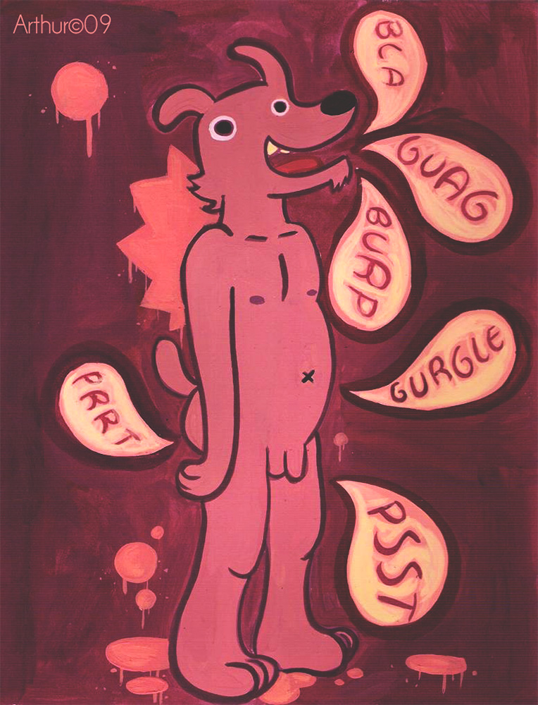 2009 acrylic_painting_(artwork) anthro black_eyes black_nose brown_body brown_fur canid canine canis domestic_dog english_text fart fur genitals humanoid_genitalia humanoid_penis male mammal navel nude open_mouth painting_(artwork) penis rthur signature solo sound_effects teeth_showing text tongue tongue_out traditional_media_(artwork) yellow_teeth