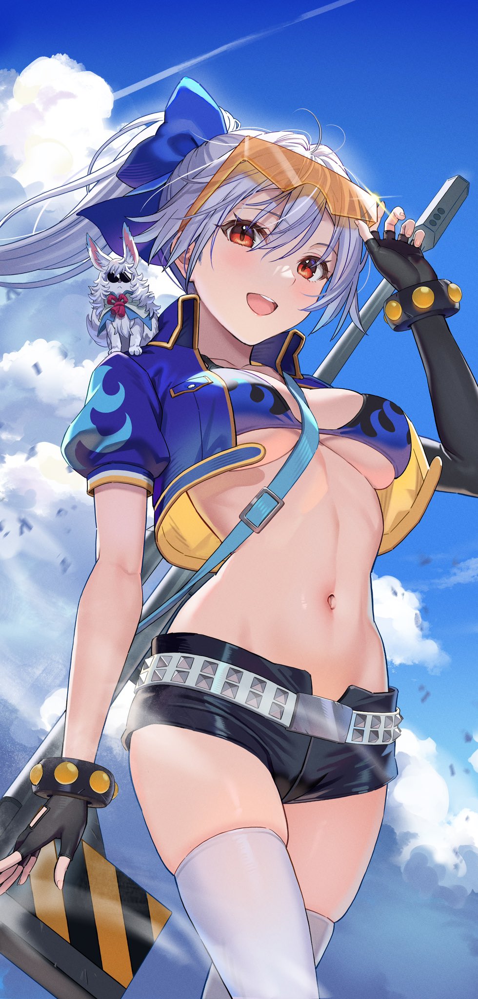 1girl animal asymmetrical_gloves belt bikini black_bikini black_gloves black_shorts blue_bikini blue_jacket blue_sky bow bracelet breasts cleavage cosplay cropped_jacket elbow_gloves eyewear_on_head fate/grand_order fate_(series) fingerless_gloves flame_print fou_(fate) gloves goggles gun hair_between_eyes hair_bow highres jacket jewelry large_breasts long_hair looking_at_viewer naruse_(0819) navel open_clothes open_jacket open_mouth ponytail red_eyes rifle short_shorts short_sleeves shorts sky smile sniper_rifle sunglasses swimsuit tengen_toppa_gurren_lagann thighhighs thighs tomoe_gozen_(fate) two-tone_bikini weapon white_hair white_thighhighs yoko_littner yoko_littner_(cosplay)