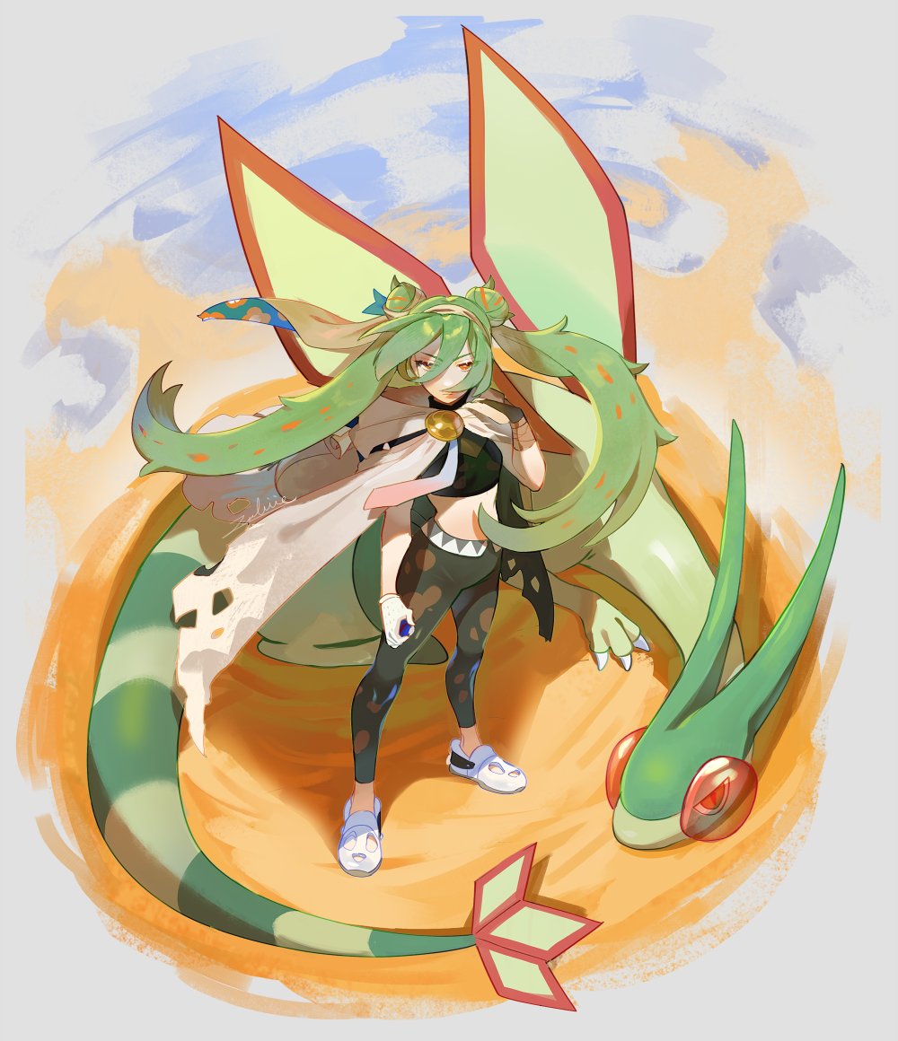 1girl breasts brown_hair cloak crop_top double_bun flygon gloves ground_miku_(project_voltage) hair_bun hatsune_miku holding holding_poke_ball leggings long_hair looking_at_viewer midriff poke_ball pokemon small_breasts solo twintails very_long_hair white_footwear white_gloves zambiie