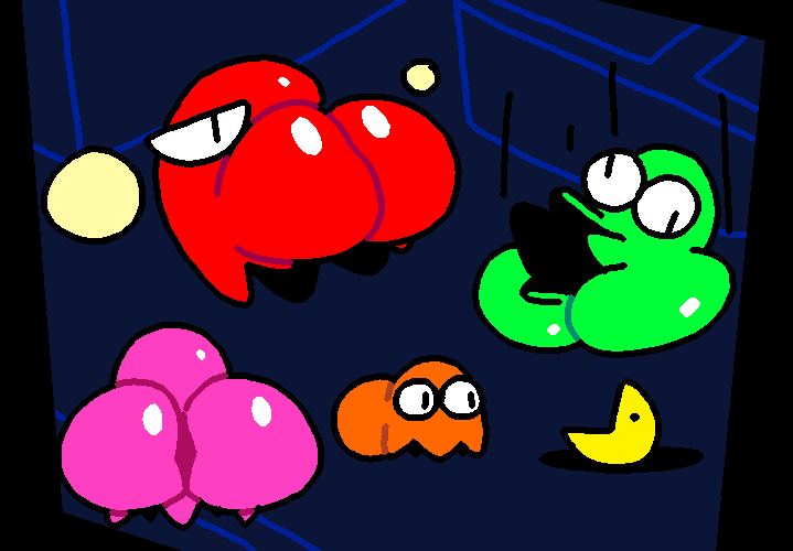 big_butt blinky_(pac-man) butt clyde_(pac-man) dot_eyes female ghost green_body group huge_butt inky_(pac-man) looking_at_viewer looking_back male not_furry orange_body pac-man pac-man_(series) pac-person pink_body pinky_(pac-man) red_body spirit superiorfox yellow_body