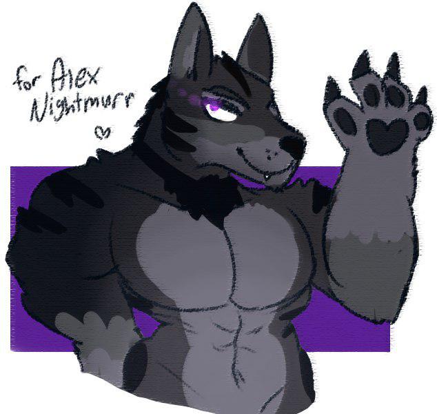 &lt;3 2018 alex_nightmurr anthro black_body black_ears black_fur black_nose black_tuft canid canine canis claws clawzetto digital_media_(artwork) fur grey_body grey_fur hand_on_hip male mammal multicolored_body multicolored_fur muscular navel neck_tuft pecs purple_background purple_eyes simple_background solo teeth text tuft white_background wolf