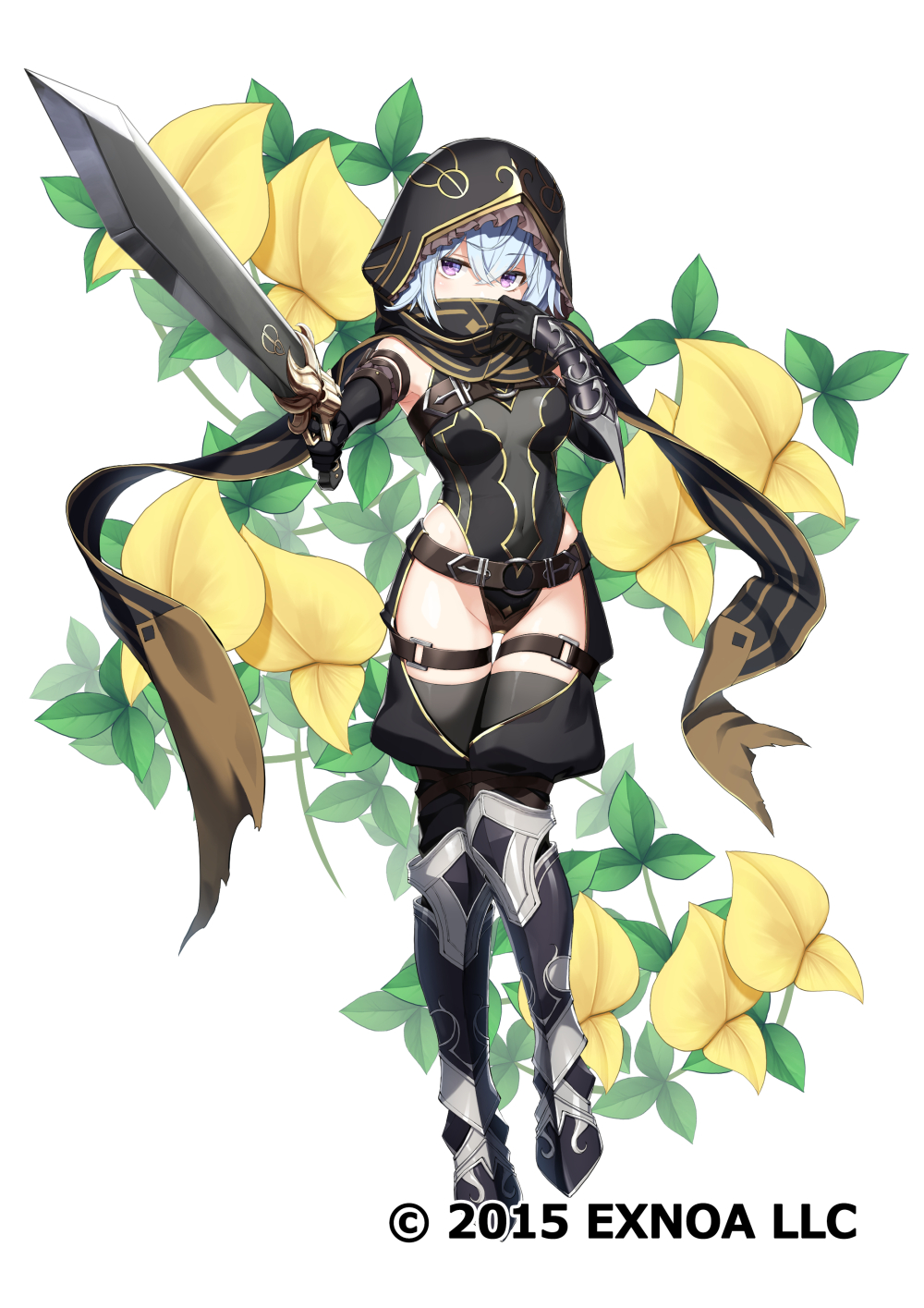 1girl armor belt black_thighhighs breasts covered_navel flower_knight_girl gauntlets greaves grey_hair gunblade highres holding holding_weapon hood leotard looking_at_viewer medium_breasts meth_(emethmeth) official_art purple_eyes scarf short_hair solo thigh_strap thighhighs weapon