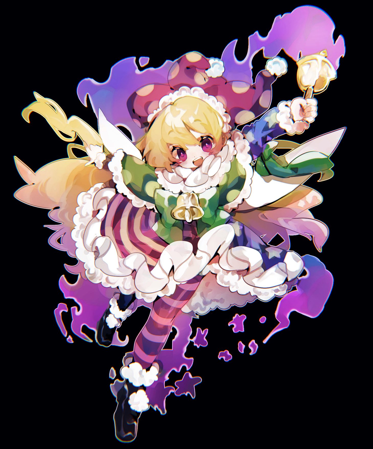 1girl :d american_flag_dress arm_up aura ayahi_4 bell black_background black_footwear blonde_hair bow bowtie capelet clownpiece commentary_request fairy_wings full_body fur-trimmed_capelet fur-trimmed_footwear fur-trimmed_sleeves fur_trim green_bow green_bowtie green_capelet hat highres holding holding_bell jester_cap long_hair long_sleeves looking_at_viewer neck_bell neck_ruff open_mouth pantyhose polka_dot_headwear pom_pom_(clothes) purple_eyes purple_headwear simple_background smile solo striped striped_pantyhose touhou very_long_hair wings