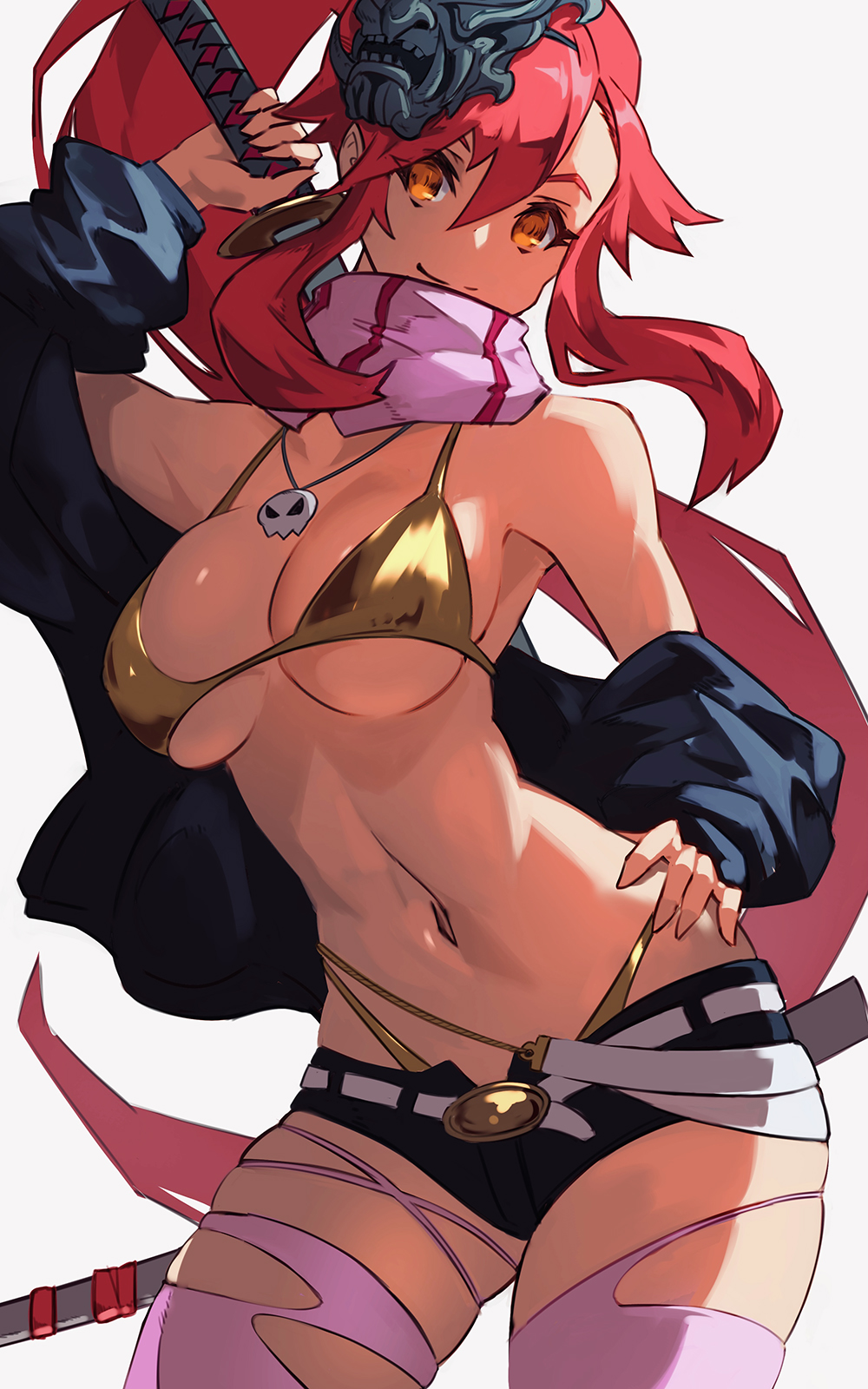 1girl arm_up belt bikini bikini_under_shorts breasts closed_mouth contrapposto cowboy_shot gold_bikini hand_on_own_hip high_ponytail highres jewelry katana large_breasts long_hair mask mask_on_head micro_shorts navel necklace orange_eyes pink_scarf pink_thighhighs red_hair scabbard scarf sheath shorts skull_necklace smile solo stomach swimsuit sword sword_on_back tengen_toppa_gurren_lagann thighhighs torn_clothes torn_thighhighs ura_dora very_long_hair weapon weapon_on_back white_belt yoko_littner