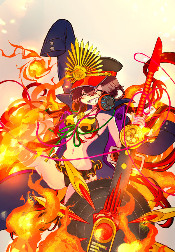 1girl bikini black_bikini breasts closed_eyes darenoda family_crest fate/grand_order fate_(series) fire grin guitar hair_between_eyes hat headphones headphones_around_neck instrument jacket long_hair long_sleeves medium_breasts military_hat oda_nobunaga_(fate) oda_nobunaga_(swimsuit_berserker)_(fate) oda_uri open_mouth peaked_cap pyrokinesis simple_background smile solo swimsuit white_background