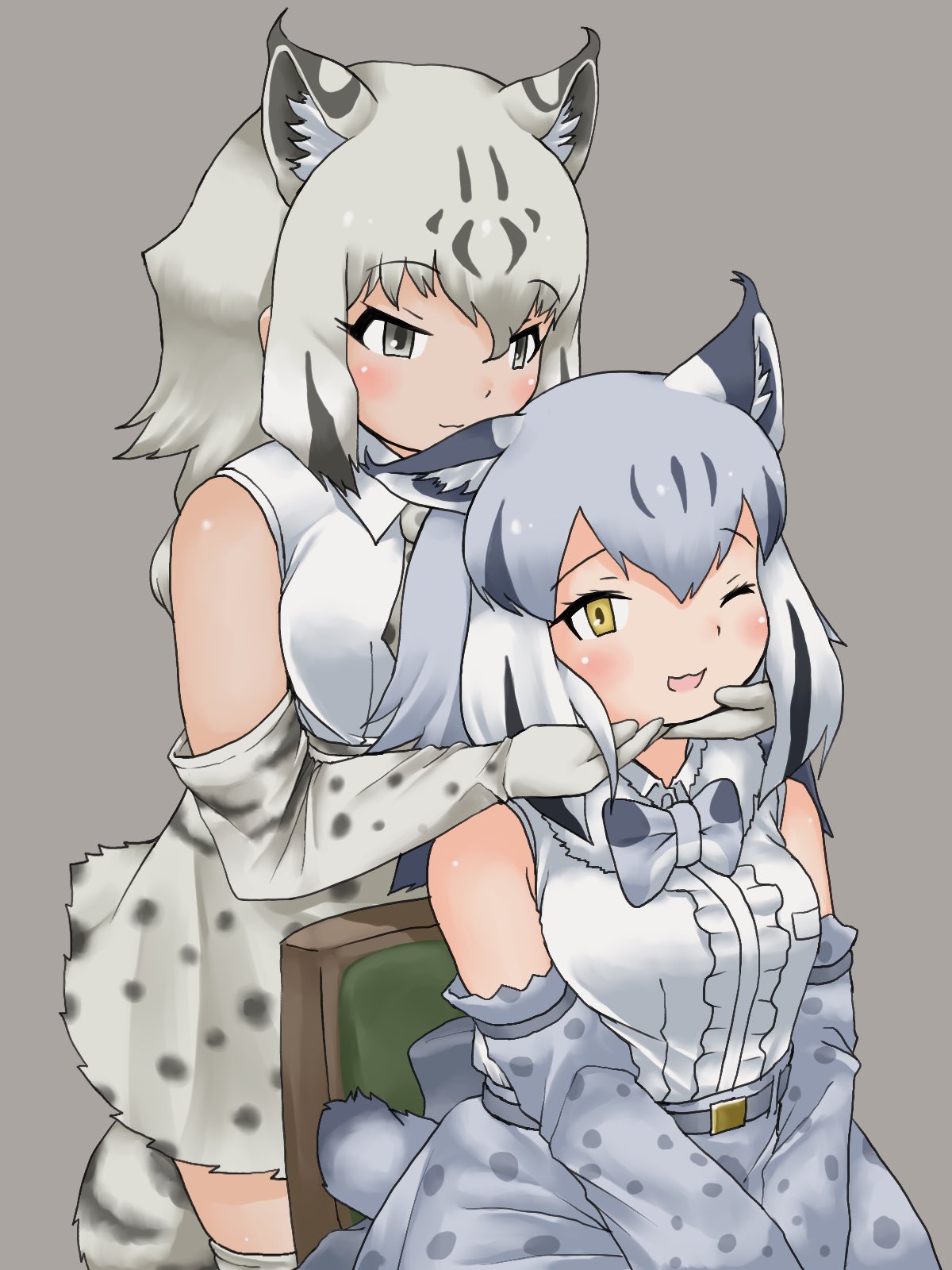 2girls :3 animal_print bare_shoulders blonde_hair blush bow bowtie canadian_lynx_(kemono_friends) cat_print center_frills chair collared_shirt elbow_gloves eurasian_lynx_(kemono_friends) extra_ears frills fur_collar gloves green_eyes grey_hair hair_between_eyes hand_on_another's_face high-waist_skirt highres kemono_friends lynx_ears lynx_girl lynx_tail multicolored_hair multiple_girls necktie one_eye_closed open_mouth print_bow print_bowtie print_gloves print_necktie print_skirt print_thighhighs shirt short_hair sidelocks sitting skirt smile thighhighs uf34a white_fur white_shirt yellow_eyes zettai_ryouiki