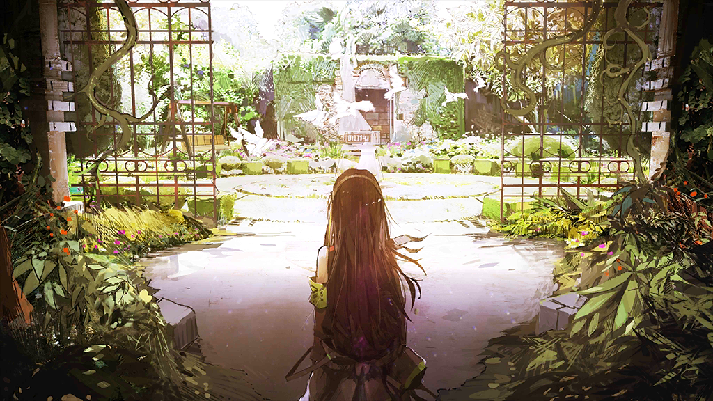 1girl bird black_hair clothes_around_waist day flock foliage from_behind game_cg garden gate girls'_frontline green_armband green_hair hairband infukun jacket jacket_around_waist long_hair m4a1_(girls'_frontline) multicolored_hair official_art overgrown patio patio_swing plant sleeveless solo spoilers streaked_hair very_long_hair vines