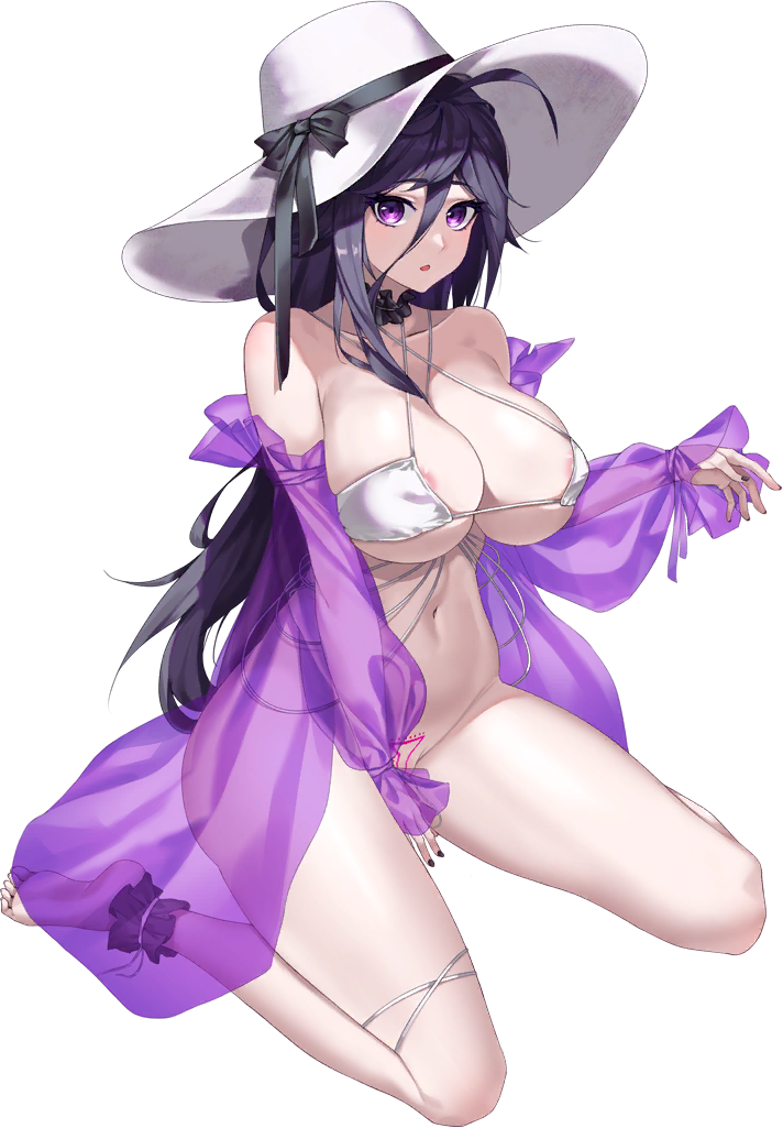 1girl ahoge ankleband areola_slip bare_shoulders barefoot between_breasts bikini bikini_top_only black_choker black_nails black_ribbon breasts choker cleavage collarbone covering covering_crotch criss-cross_halter d-log frilled_choker frilled_shawl frills full_body hair_between_eyes halterneck hat hat_ribbon hela_(last_origin) large_breasts last_origin linea_alba long_hair looking_at_viewer messy_hair nail_polish navel official_alternate_costume official_art open_mouth pubic_tattoo purple_eyes purple_hair purple_shawl ribbon see-through_shawl shawl simple_background sitting string_bikini sun_hat swimsuit tachi-e tattoo thigh_strap third-party_source transparent_background wariza white_bikini white_headwear