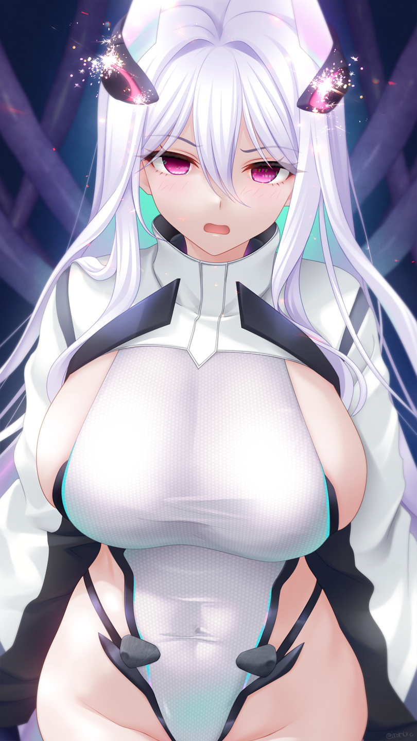 1girl azur_lane black_gloves breasts cable commentary_request covered_navel cowboy_shot empty_eyes gloves groin hair_between_eyes headgear highleg highleg_leotard highres irori_(irorixc) jacket kearsarge_(azur_lane) large_breasts leotard light_blush long_hair long_sleeves looking_at_viewer mind_control open_mouth purple_eyes shrug_(clothing) sideboob sidelocks solo sparks standing taut_leotard twitter_username very_long_hair white_hair white_jacket white_leotard