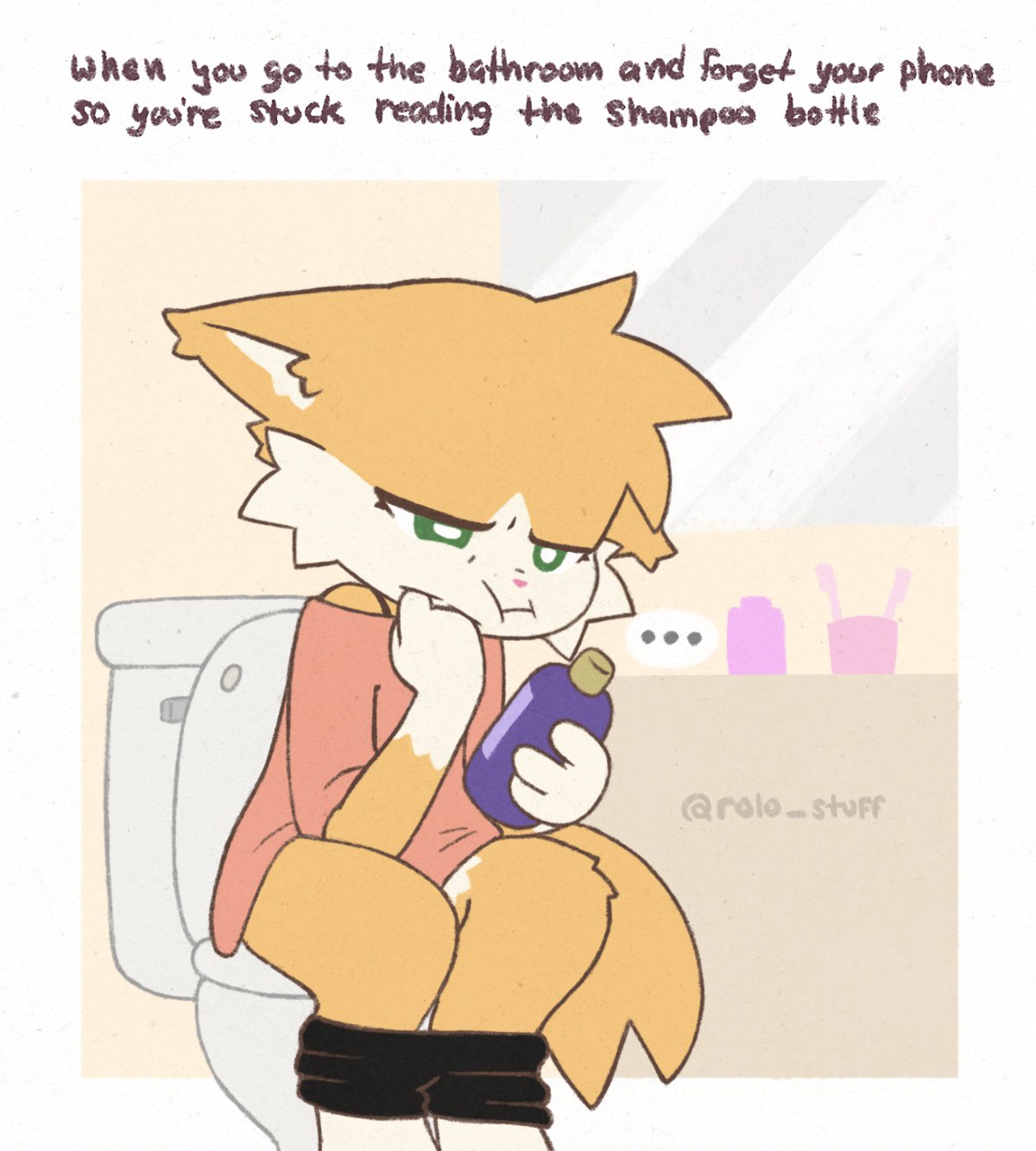 2023 anthro bored bottle bottomwear bottomwear_down cheek_tuft clothing container detailed_background domestic_cat ellipsis english_text facial_tuft felid feline felis female fur green_eyes hi_res inside looking_at_object mammal rolo_(rolo_stuff) rolo_stuff shampoo signature sitting solo tail text toilet topper topwear tuft yellow_body yellow_fur