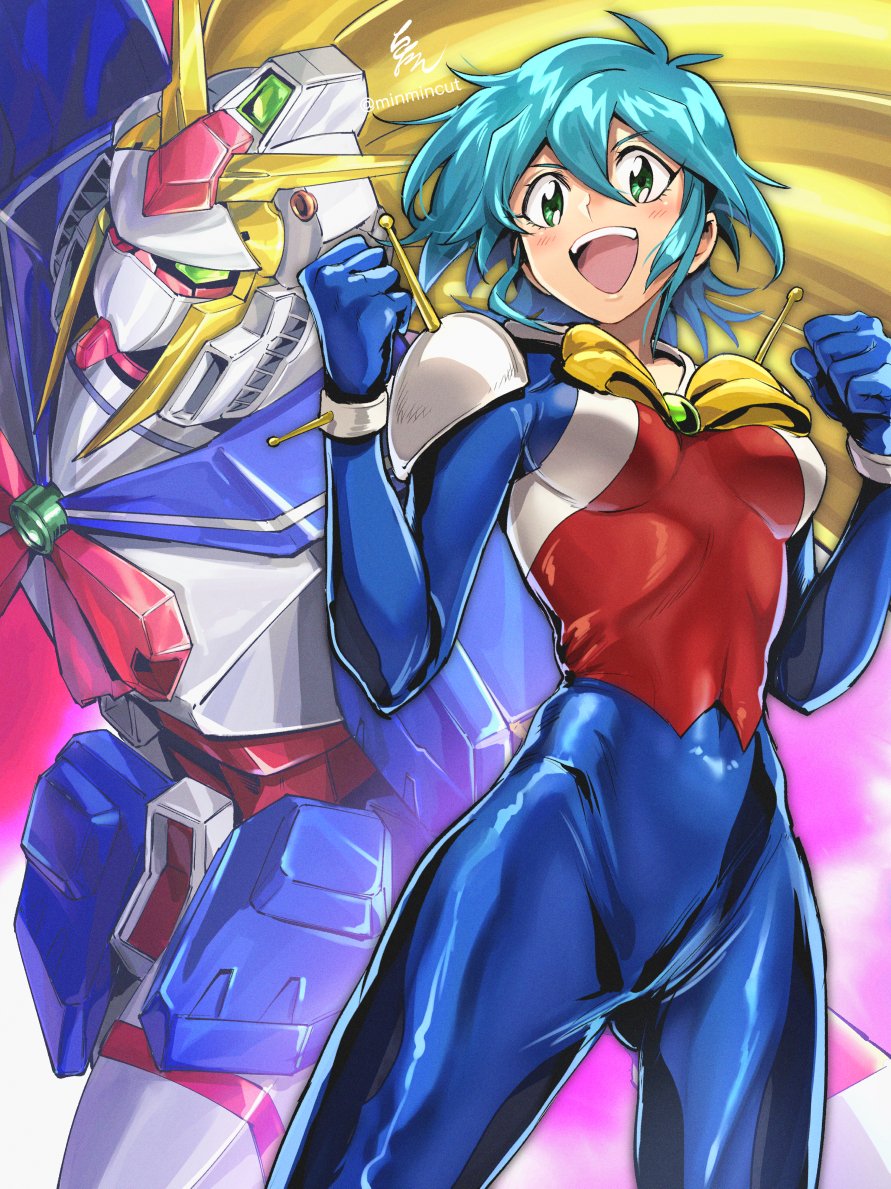 1girl :d allenby_beardsley blonde_hair blue_bodysuit blush bodysuit breasts chanmura commentary_request g_gundam green_eyes green_hair gundam hair_between_eyes hands_up looking_at_viewer mecha medium_breasts mobile_suit mobile_trace_suit multicolored_bodysuit multicolored_clothes nobel_gundam robot science_fiction short_hair skin_tight smile super_robot upper_body v-fin