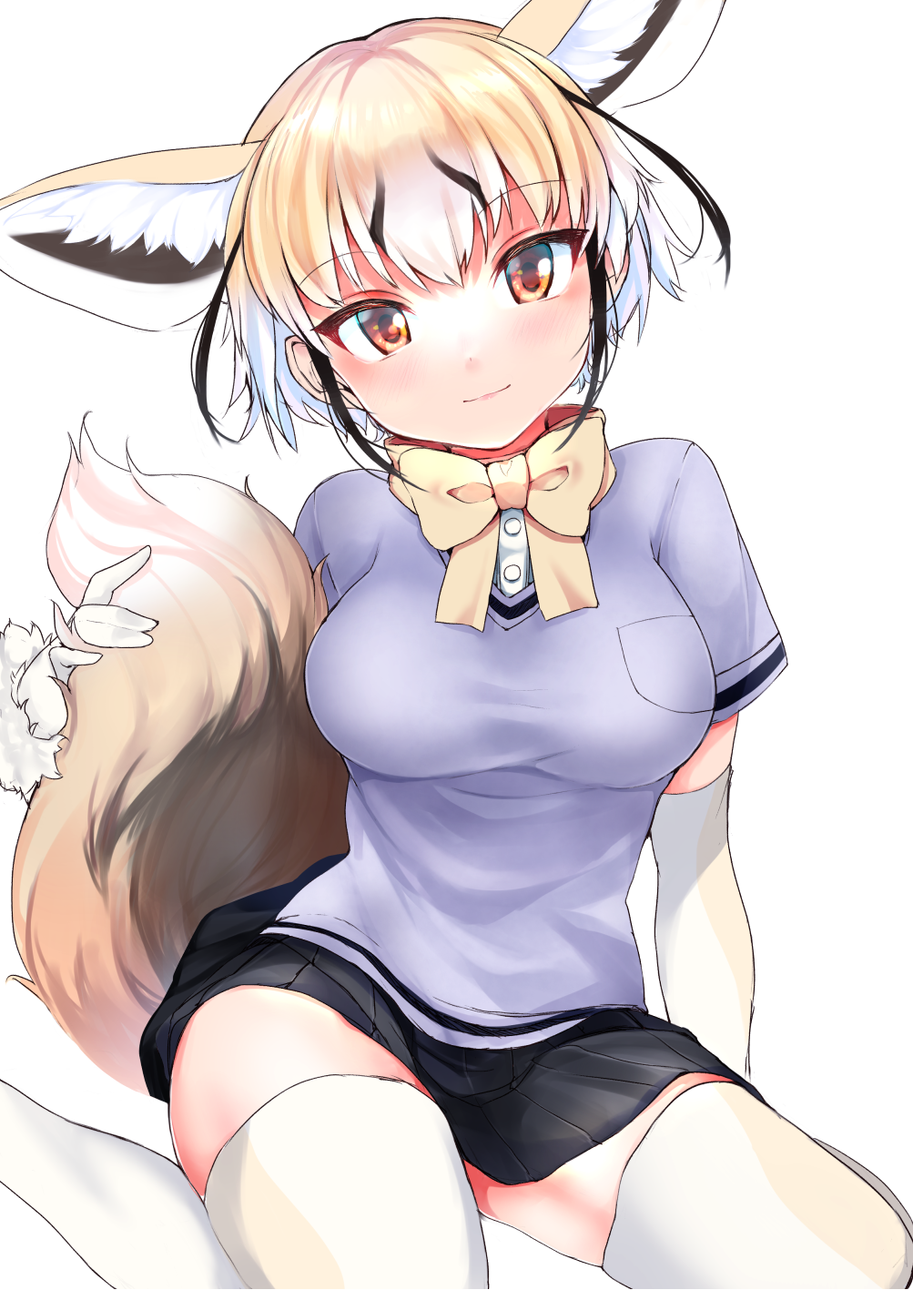 1girl animal_ear_fluff animal_ears arm_at_side black_hair blonde_hair bow bowtie breast_pocket breasts brown_eyes closed_mouth elbow_gloves extra_ears fox_ears fox_girl fox_tail fur_trim gloves hand_up head_tilt highres kemono_friends kinou_no_shika light_smile medium_breasts microskirt multicolored_hair pocket rueppell's_fox_(kemono_friends) shirt short_hair short_sleeves simple_background sitting skirt solo tail taut_clothes taut_shirt thighhighs white_background white_hair yellow_bow yellow_bowtie zettai_ryouiki
