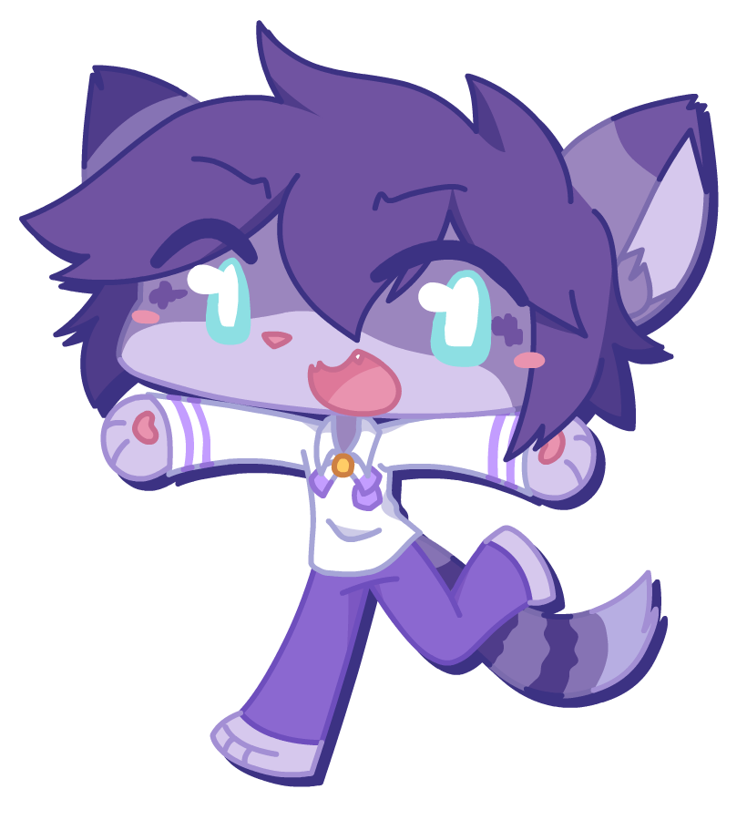 2021 ambiguous_gender anthro biped blue_eyes blush bottomwear chibi clothing domestic_cat fangs felid feline felis fur hair looking_at_viewer mammal multicolored_body multicolored_fur multicolored_tail open_mouth open_smile pawpads paws pink_pawpads purple_body purple_clothing purple_ears purple_fur purple_hair purple_tail smile solo tail teeth tongue topwear white_clothing yonkagor