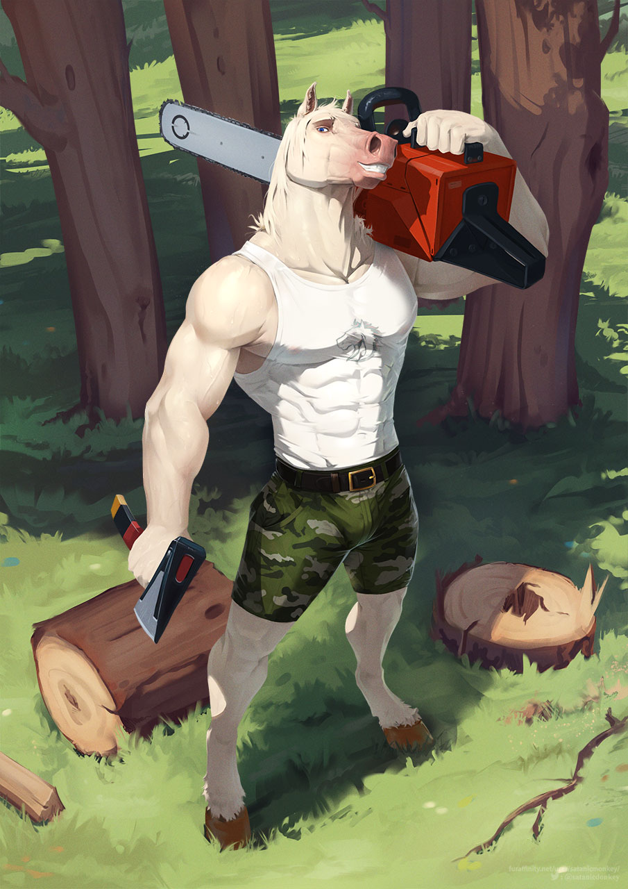 abs anthro axe cass_(satanic_monkey) chainsaw clothing equid equine forest forest_background hi_res hooves horse male mammal muscular muscular_anthro muscular_male nature nature_background pecs plant power_tool satanic_monkey shirt tank_top tools topwear tree