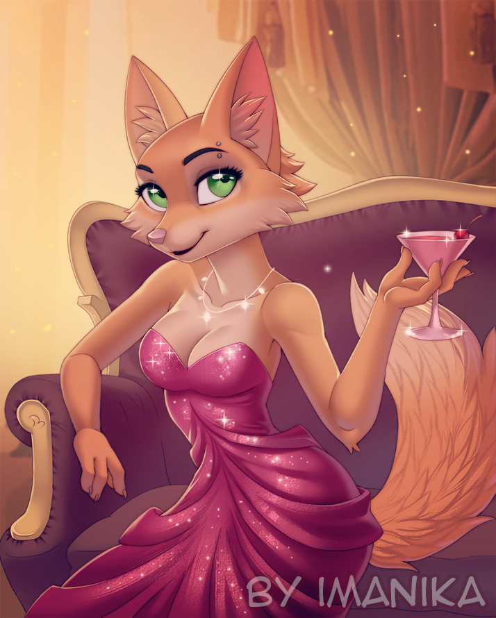 2023 anthro arm_tuft beverage breasts canid canine cheek_tuft cleavage clothed clothing cocktail_glass collarbone container cup diane_foxington dipstick_tail dreamworks dress drinking_glass elbow_tuft eyebrow_piercing eyebrows eyelashes facial_piercing facial_tuft female fox fur glass glass_container glass_cup glistening glistening_clothing green_eyes imanika inner_ear_fluff jewelry looking_at_viewer mammal markings medium_breasts necklace orange_body orange_fur piercing pink_clothing pink_dress sitting solo tail tail_markings tan_body tan_fur the_bad_guys tuft